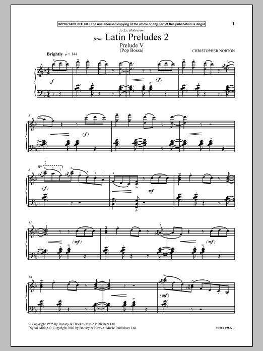 Prelude V (Pop Bossa) (from Latin Preludes 2) (Piano Solo) von Christopher Norton