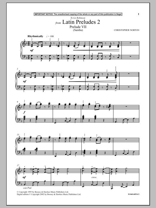 Prelude VII (Samba) (from Latin Preludes 2) (Piano Solo) von Christopher Norton