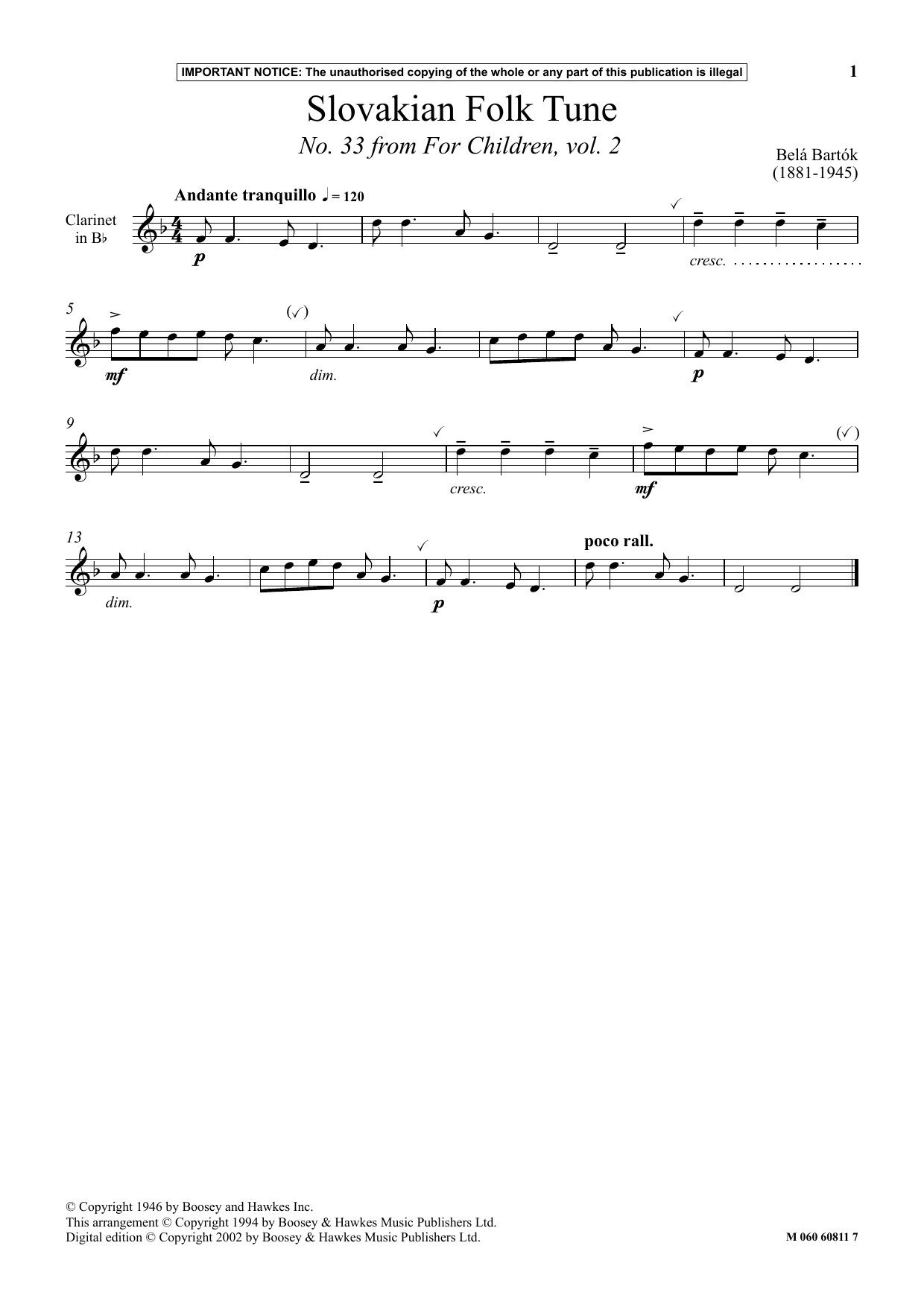 Slovakian Folk Tune (No. 33 from For Children, Vol. 2) (Instrumental Solo) von Bla Bartk