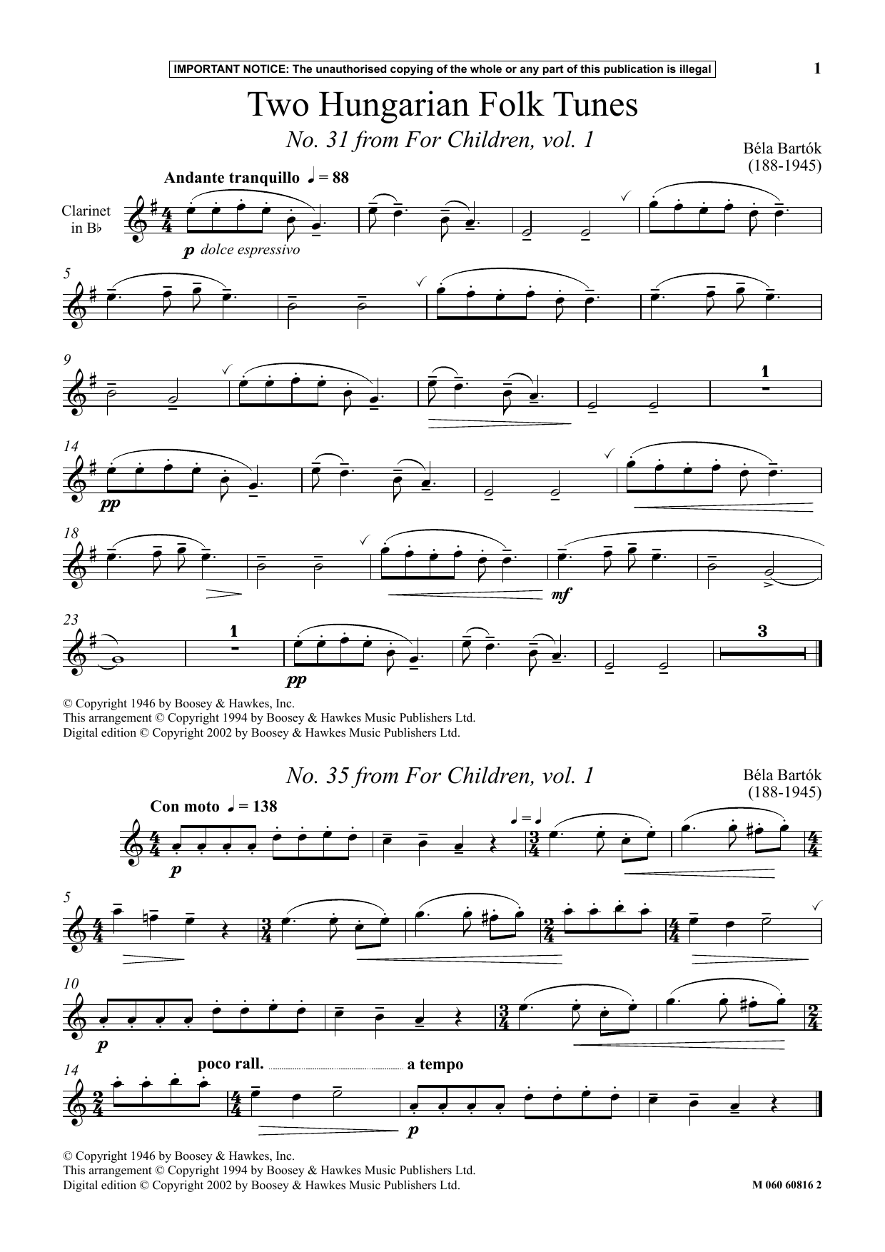 Two Hungarian Folk Tunes (No. 31 from For Children, Vol. 1) (Instrumental Solo) von Bla Bartk