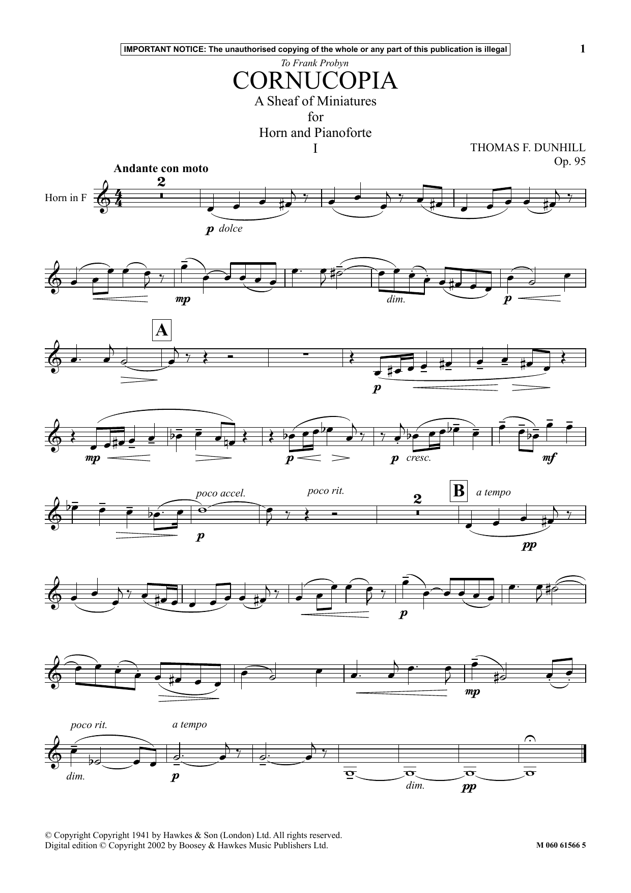 Cornucopia - A Sheaf Of Miniatures For Horn And Pianoforte (I) (Instrumental Solo) von Thomas F. Dunhill
