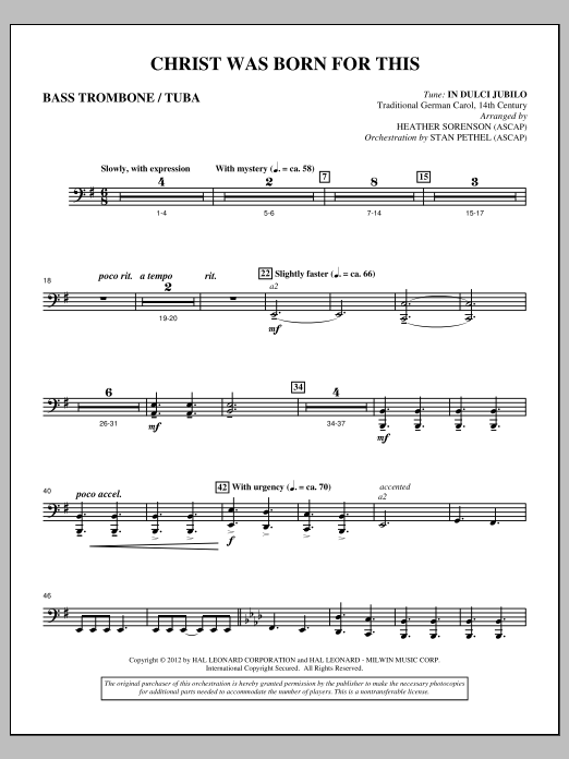 Christ Was Born For This - Bass Trombone/Tuba (Choir Instrumental Pak) von Heather Sorenson
