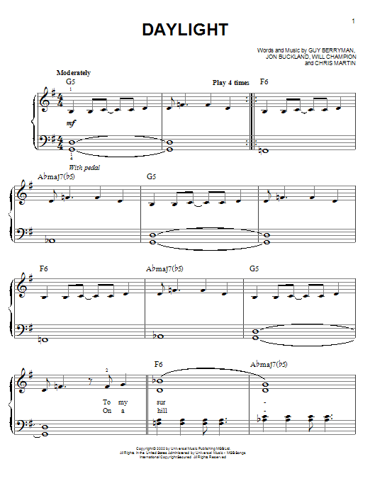 Daylight (Easy Piano) von Coldplay