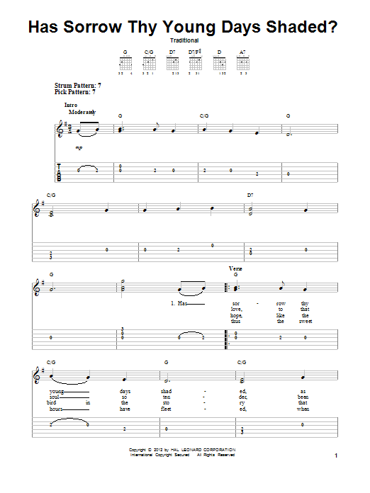 Has Sorrow Thy Young Days Shaded? (Easy Guitar Tab) von Traditional
