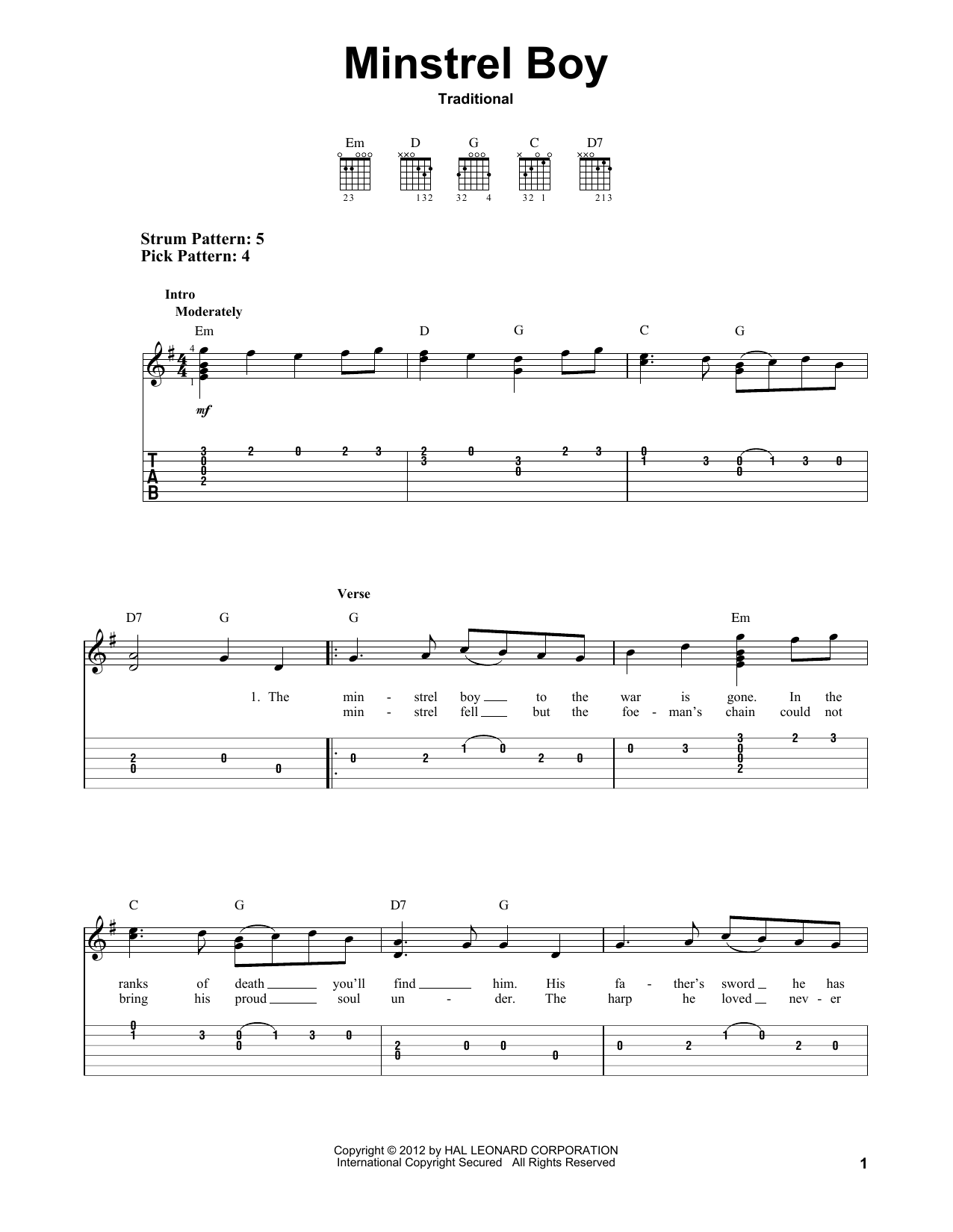 Minstrel Boy (Easy Guitar Tab) von Traditional
