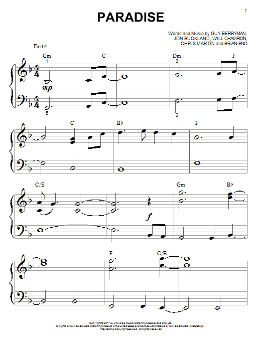 Paradise (Big Note Piano) von Coldplay