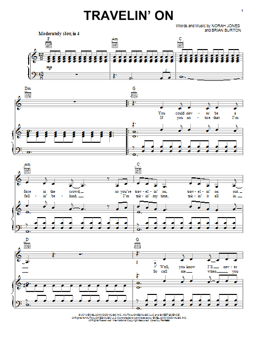 Travelin' On (Piano, Vocal & Guitar Chords (Right-Hand Melody)) von Norah Jones