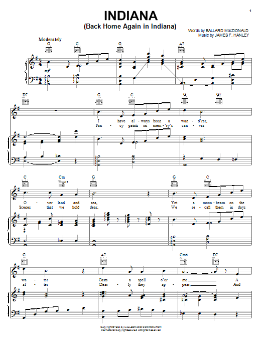 Indiana (Back Home Again In Indiana) (Piano, Vocal & Guitar Chords (Right-Hand Melody)) von Ballard MacDonald