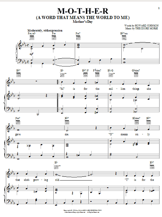 M-O-T-H-E-R (A Word That Means The World To Me) (Piano, Vocal & Guitar Chords (Right-Hand Melody)) von Howard Johnson