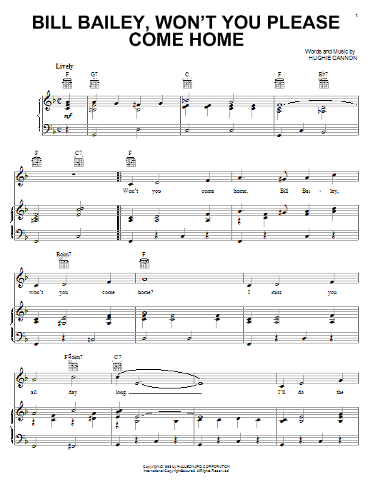 Bill Bailey, Won't You Please Come Home (Piano, Vocal & Guitar Chords (Right-Hand Melody)) von Bobby Darin