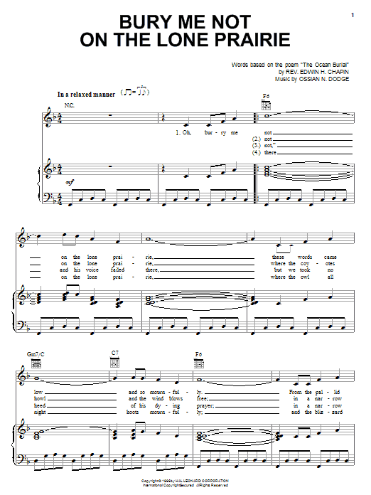 Bury Me Not On The Lone Prairie (Piano, Vocal & Guitar Chords (Right-Hand Melody)) von E.H. Chapin