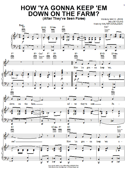 How 'Ya Gonna Keep 'em Down On The Farm? (After They've Seen Paree) (Piano, Vocal & Guitar Chords (Right-Hand Melody)) von Nora Bayes