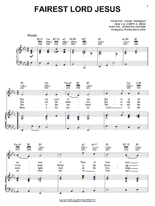 Fairest Lord Jesus (Piano, Vocal & Guitar Chords (Right-Hand Melody)) von Munster Gesangbuch