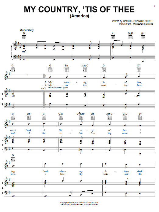 My Country, 'Tis Of Thee (America) (Piano, Vocal & Guitar Chords (Right-Hand Melody)) von Samuel Francis Smith