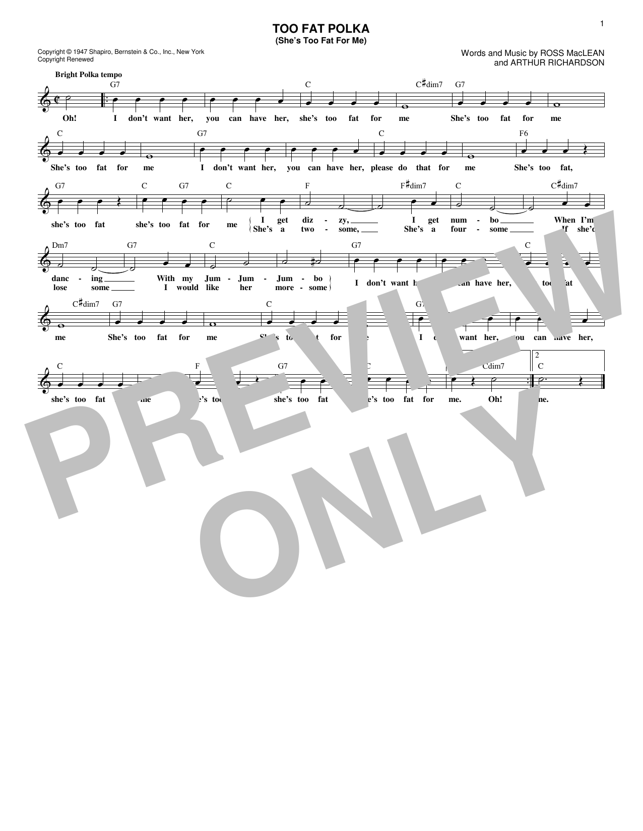 Too Fat Polka (She's Too Fat For Me) (Lead Sheet / Fake Book) von Frankie Yankovic