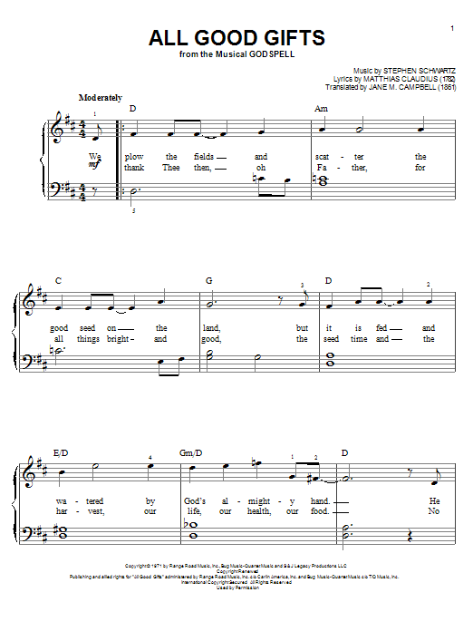 All Good Gifts (from Godspell) (Easy Piano) von Stephen Schwartz