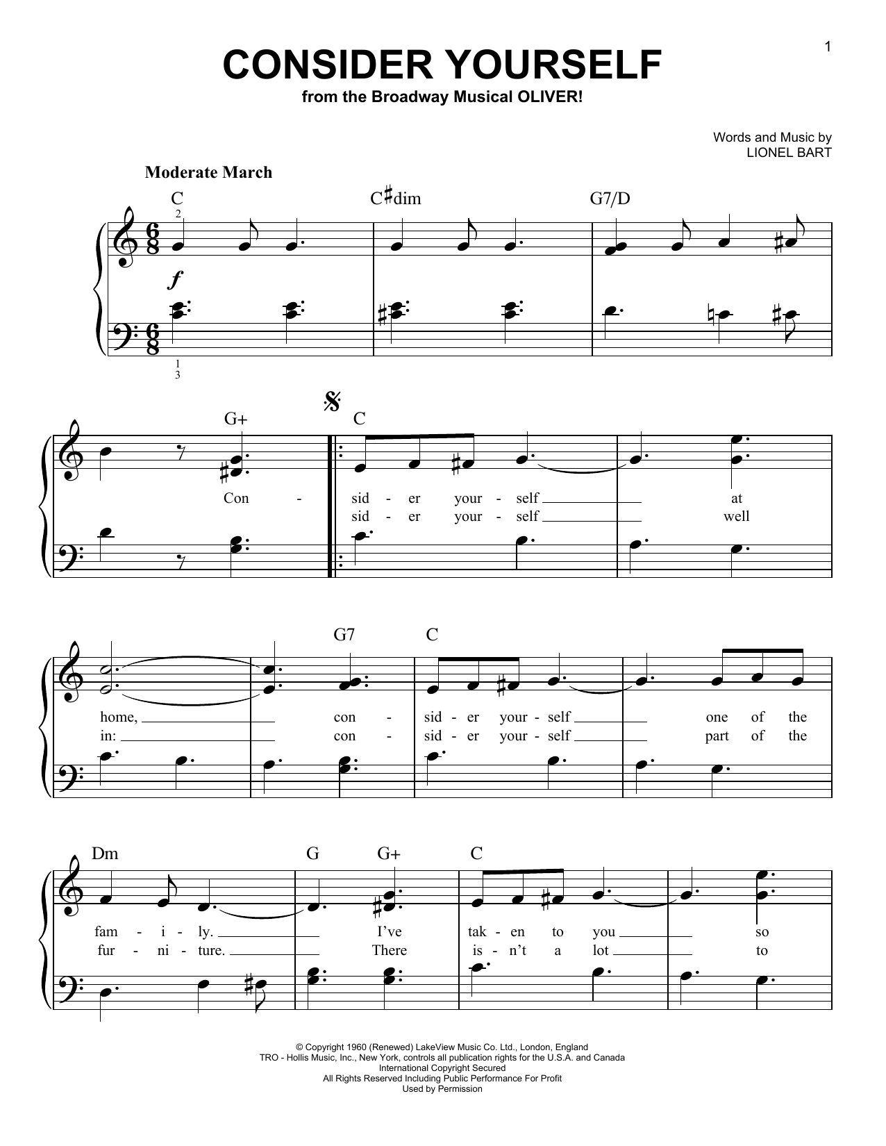 Consider Yourself (Very Easy Piano) von Lionel Bart