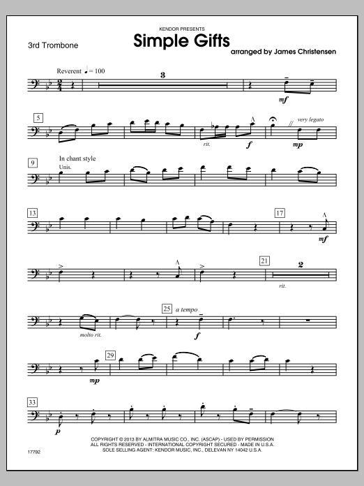 Simple Gifts - 3rd Trombone (Brass Ensemble) von James Christensen