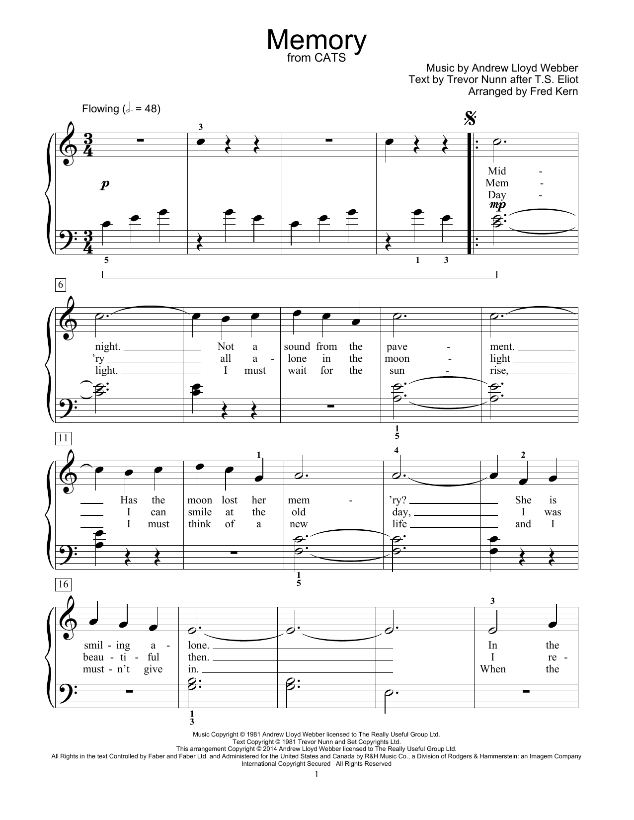 Memory (from Cats) (arr. Fred Kern) (Educational Piano) von Andrew Lloyd Webber