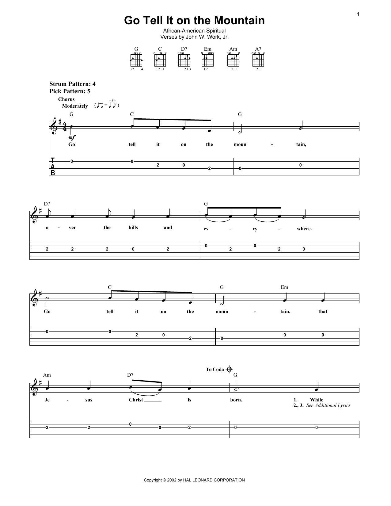 Go, Tell It On The Mountain (Easy Guitar Tab) von African-American Spiritual