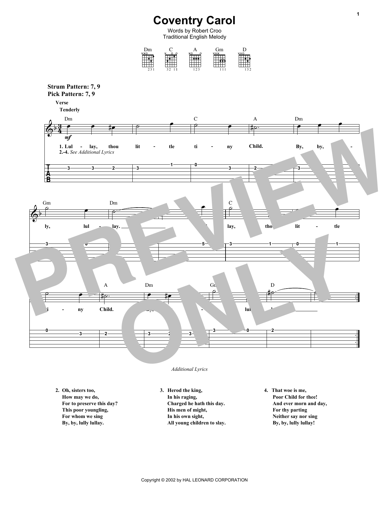 Coventry Carol (Easy Guitar Tab) von Traditional English Melody