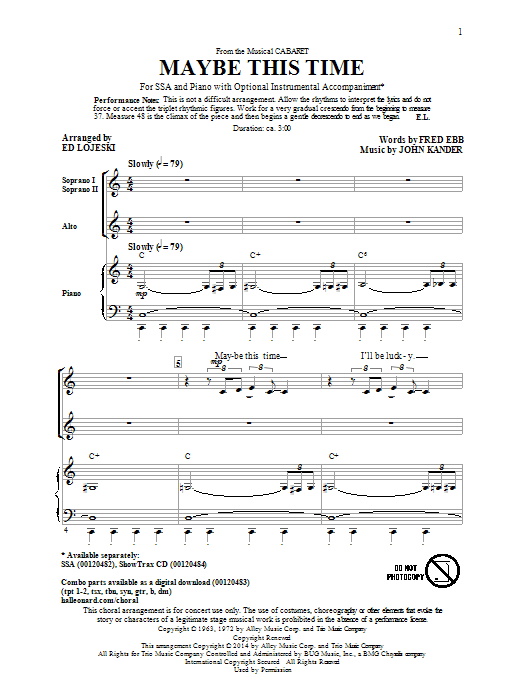Maybe This Time (arr. Ed Lojeski) (SSA Choir) von Kander & Ebb