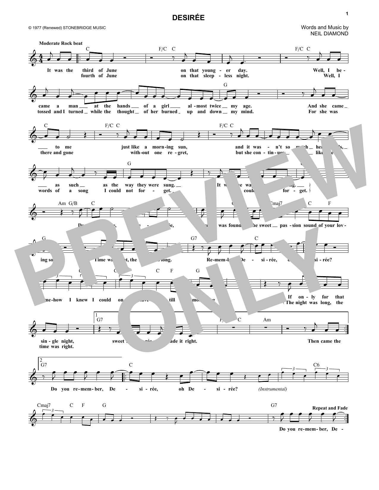 Desiree (Lead Sheet / Fake Book) von Neil Diamond