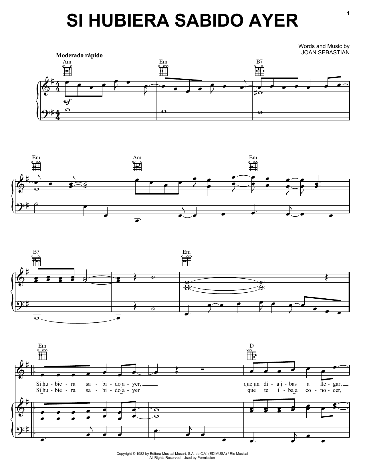 Si Hubiera Sabido Ayer (Piano, Vocal & Guitar Chords (Right-Hand Melody)) von Joan Sebastian