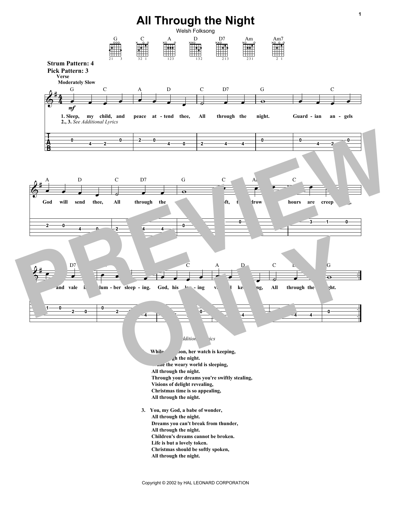 All Through The Night (Easy Guitar Tab) von Welsh Folksong