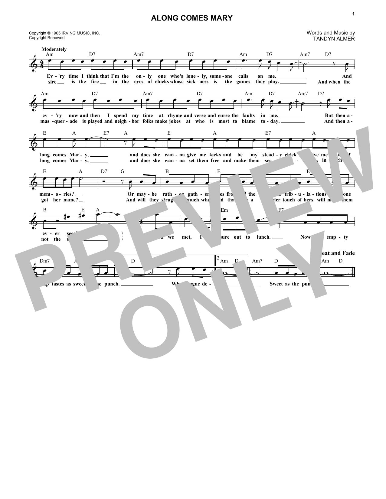 Along Comes Mary (Lead Sheet / Fake Book) von The Association