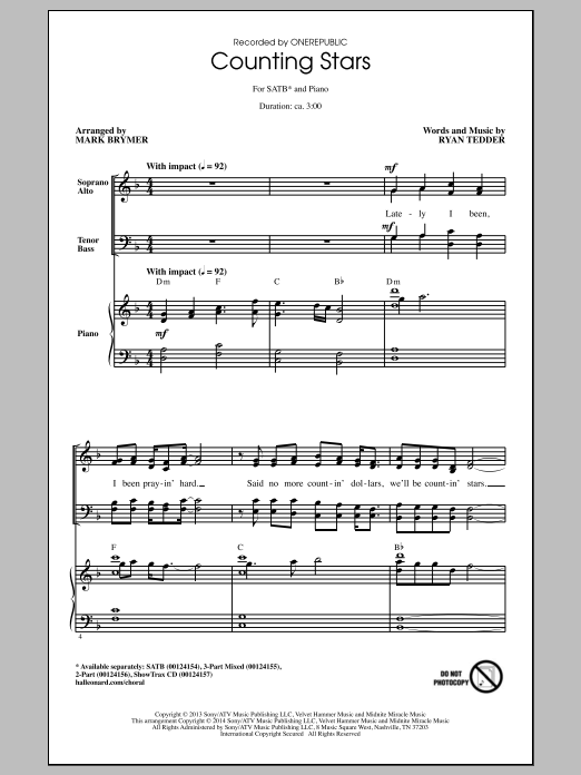 Counting Stars (arr. Mark Brymer) (SATB Choir) von OneRepublic