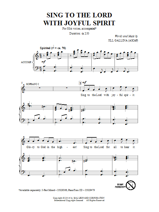 Sing To The Lord With Joyful Spirit (SSA Choir) von Jill Gallina
