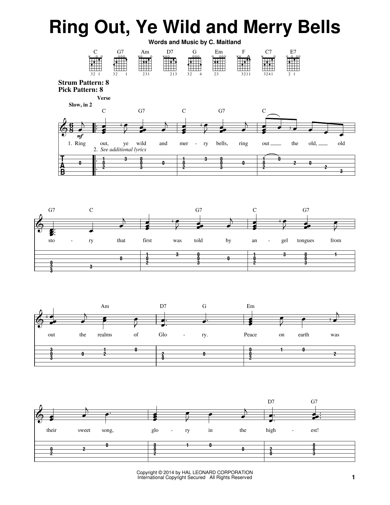 Ring Out, Ye Wild And Merry Bells (Easy Guitar Tab) von C. Maitland
