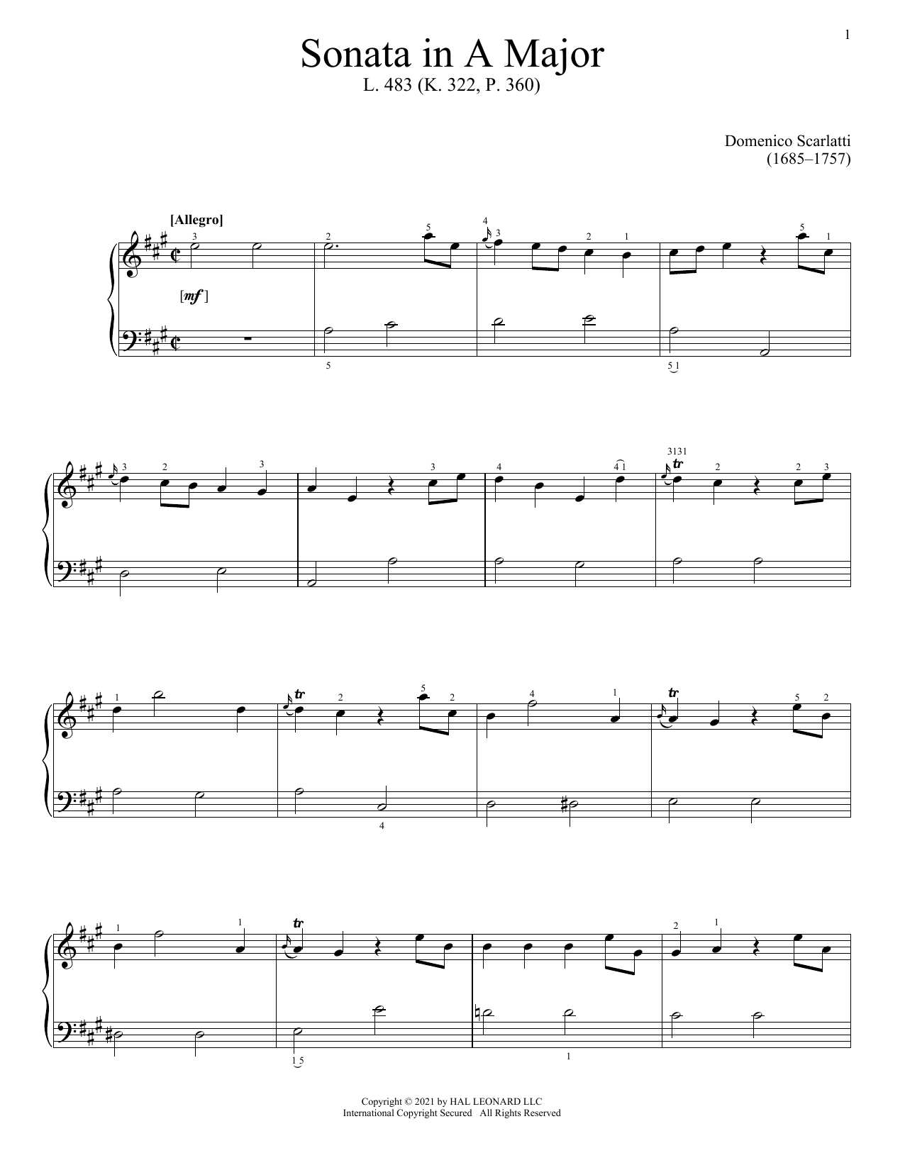 Sonata In A Major, L. 483 (Piano Solo) von Domenico Scarlatti