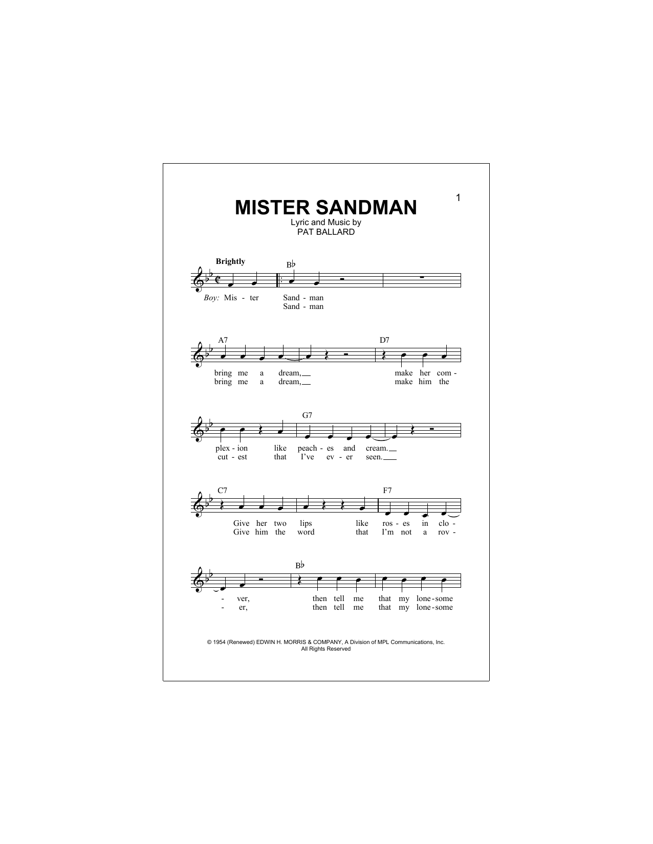 Mister Sandman (Lead Sheet / Fake Book) von The Chordettes