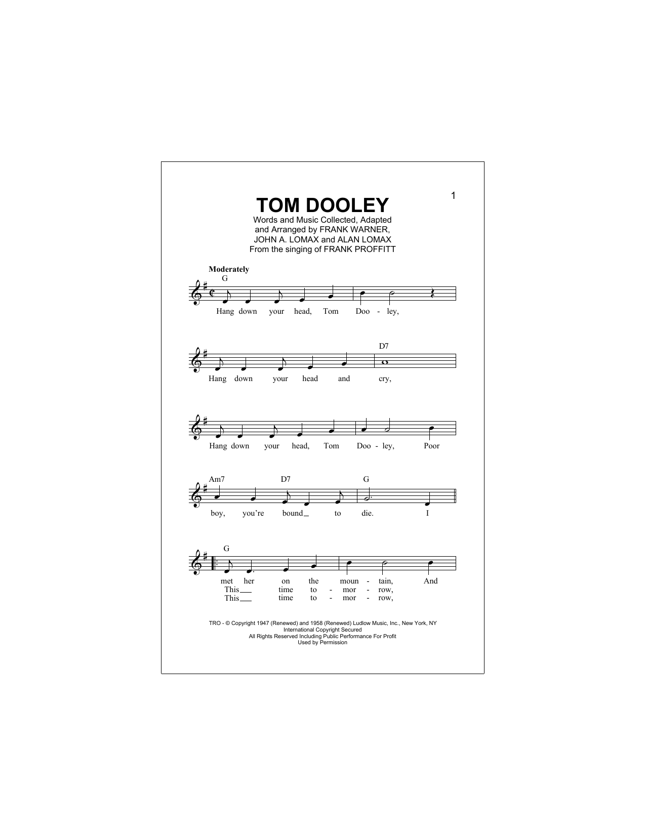 Tom Dooley (Lead Sheet / Fake Book) von Kingston Trio