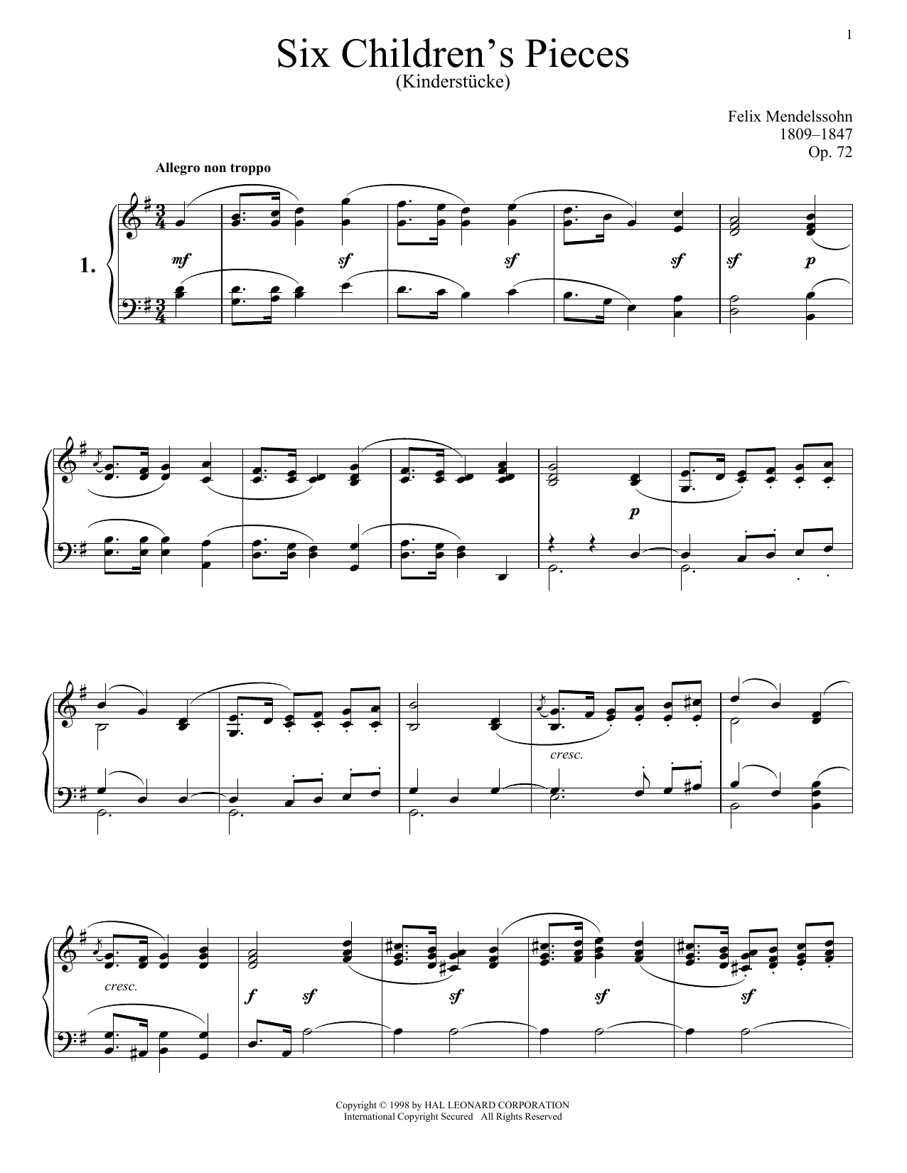 Six Children's Pieces (Kinderstucke), Op. 72 (Piano Solo) von Felix Mendelssohn