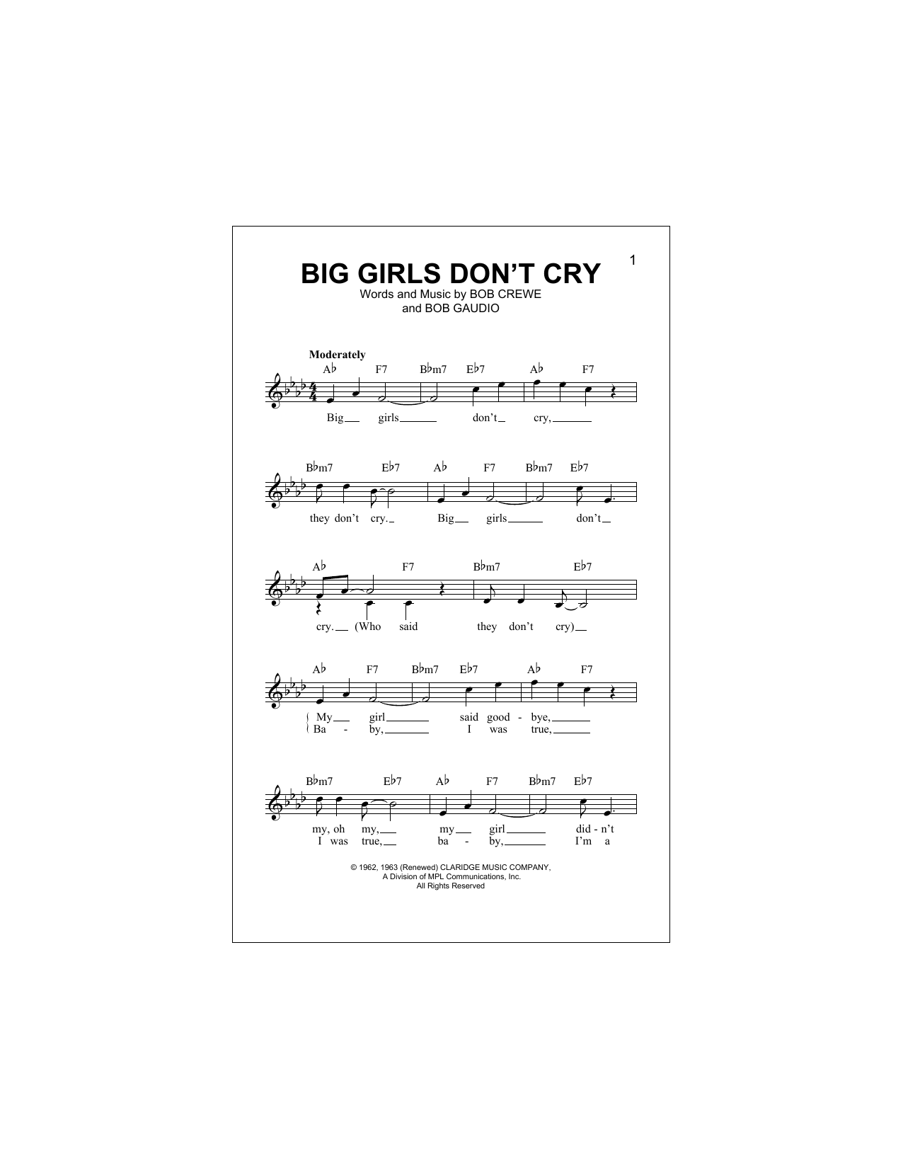 Big Girls Don't Cry (Lead Sheet / Fake Book) von The Four Seasons