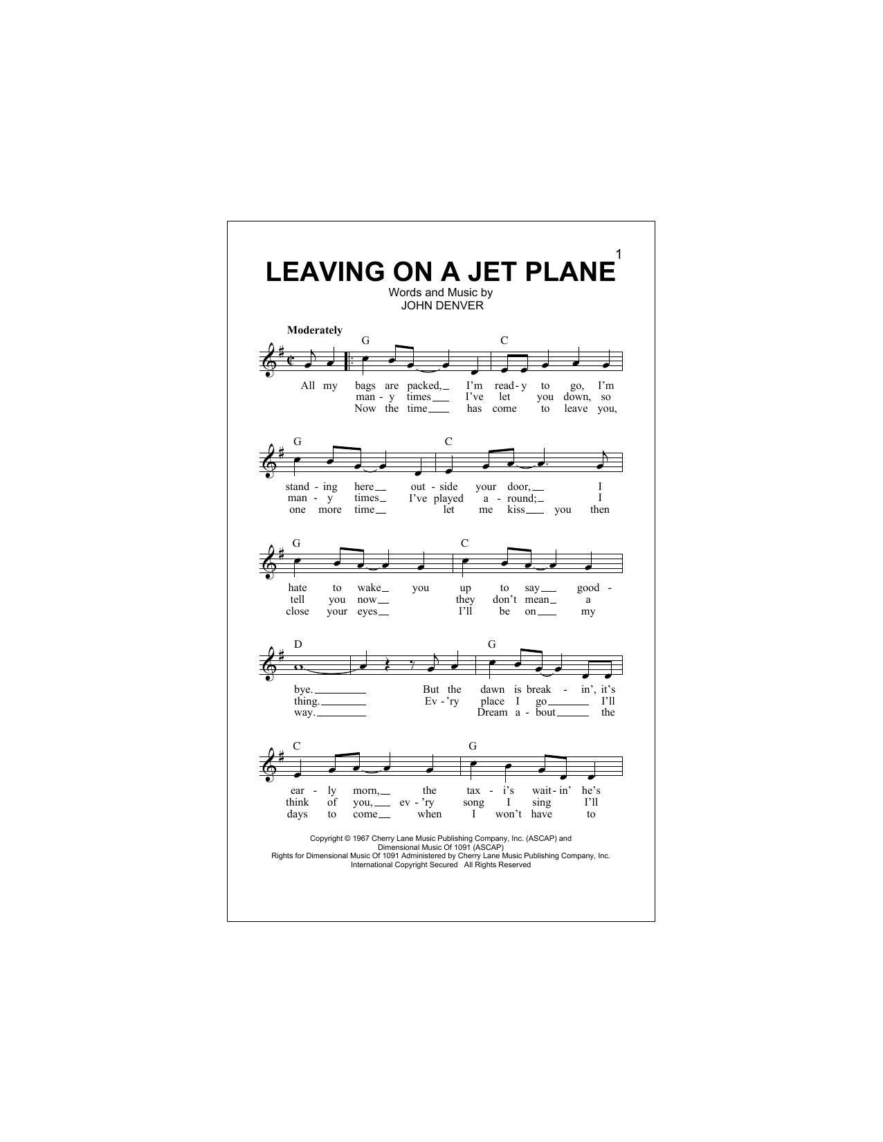 Leaving On A Jet Plane (Lead Sheet / Fake Book) von John Denver