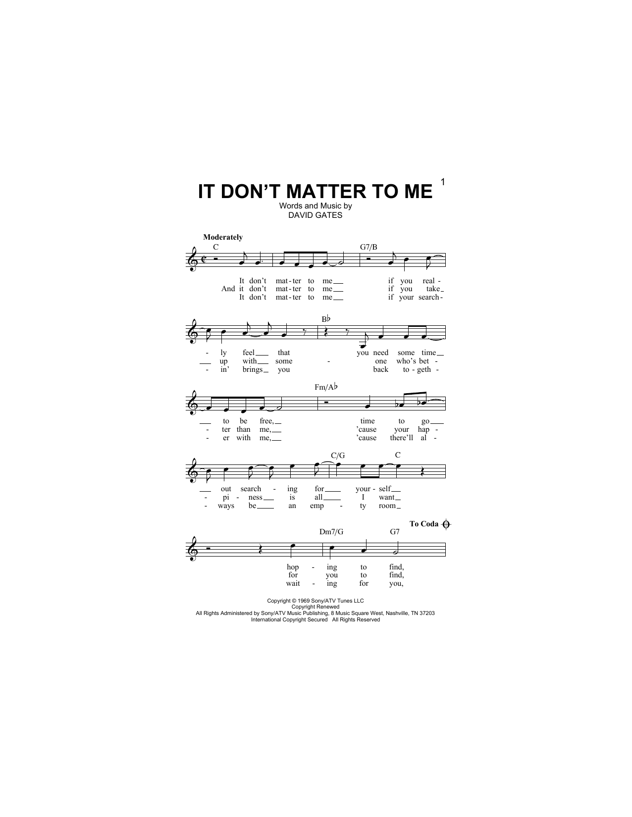 It Don't Matter To Me (Lead Sheet / Fake Book) von Bread