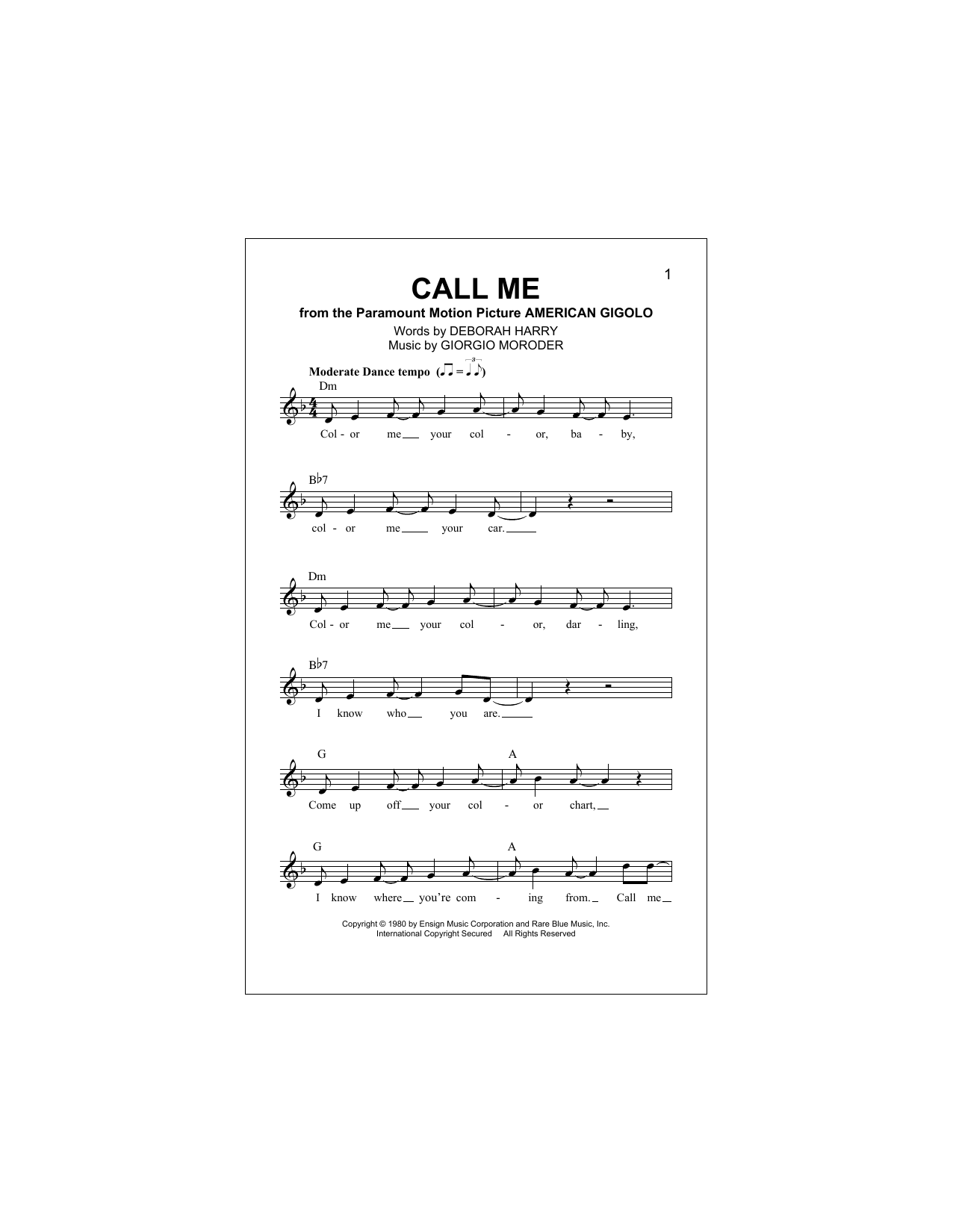 Call Me (Lead Sheet / Fake Book) von Blondie