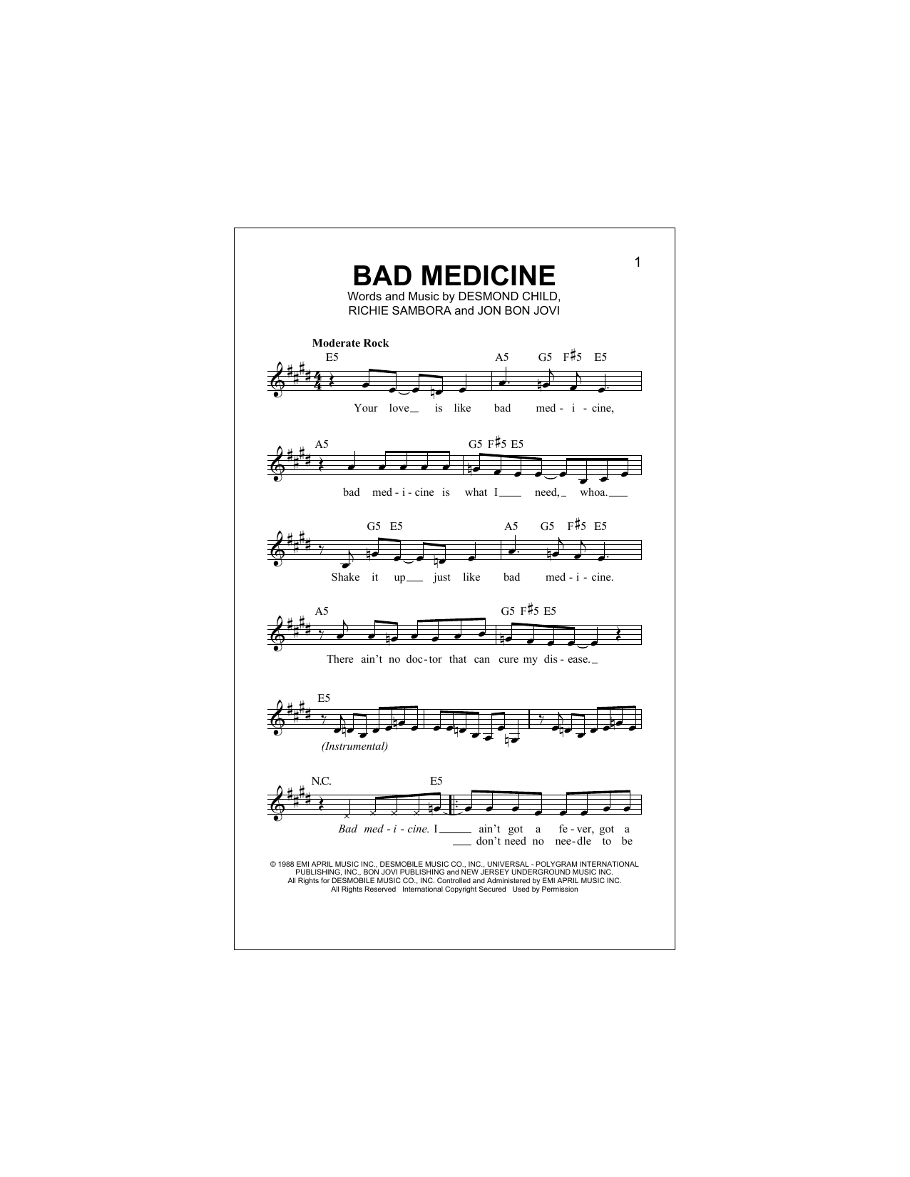Bad Medicine (Lead Sheet / Fake Book) von Bon Jovi
