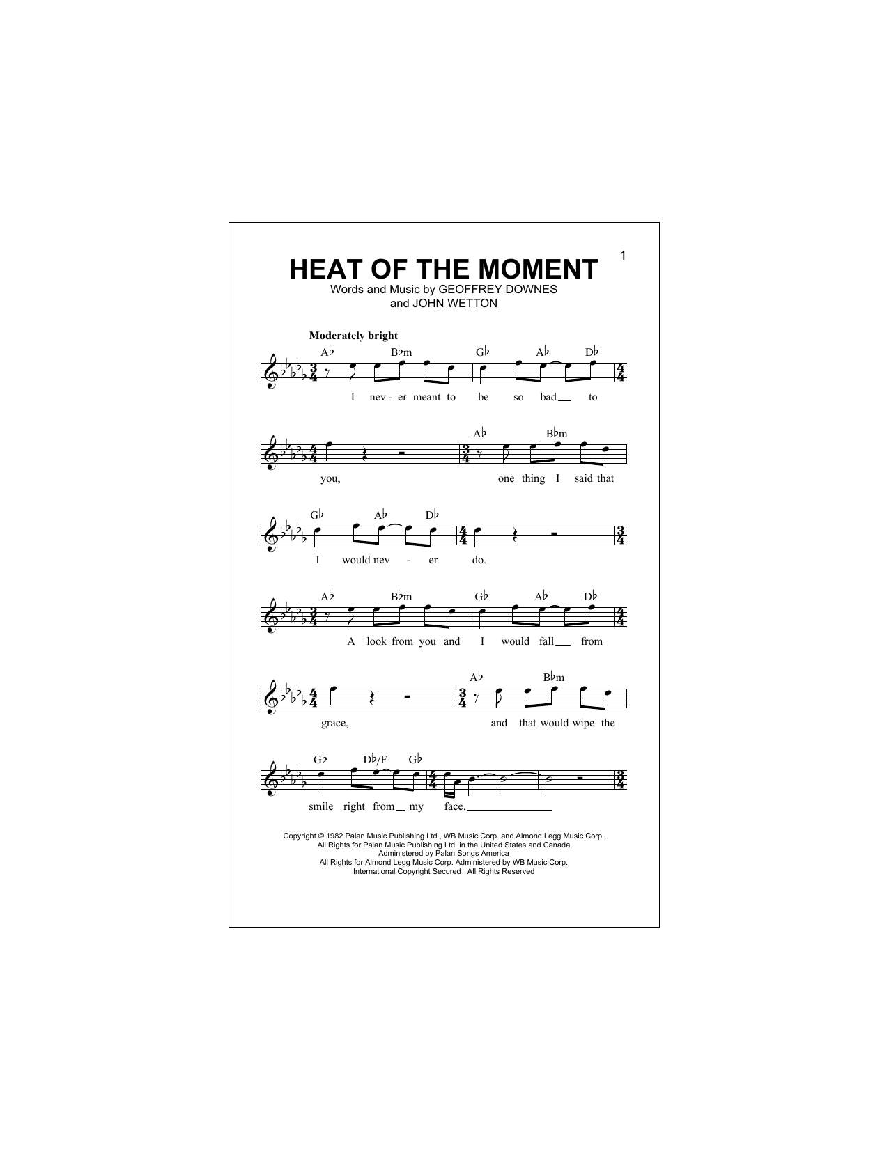 Heat Of The Moment (Lead Sheet / Fake Book) von Asia