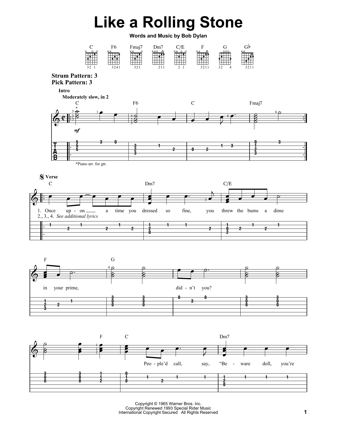 Like A Rolling Stone (Easy Guitar Tab) von Bob Dylan