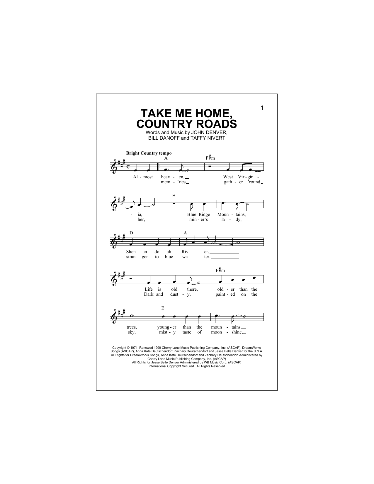 Take Me Home, Country Roads (Lead Sheet / Fake Book) von John Denver