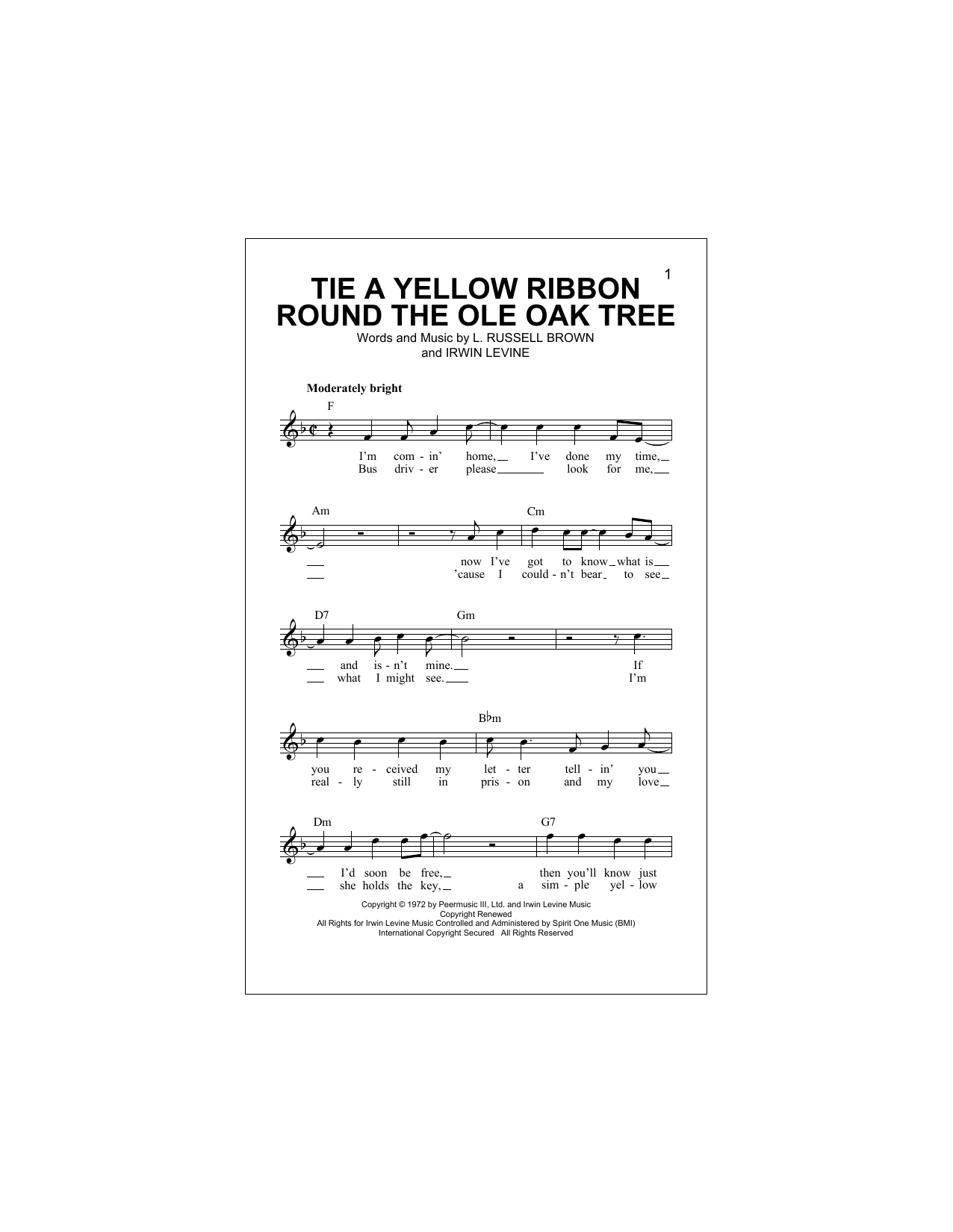 Tie A Yellow Ribbon Round The Ole Oak Tree (Lead Sheet / Fake Book) von Dawn featuring Tony Orlando