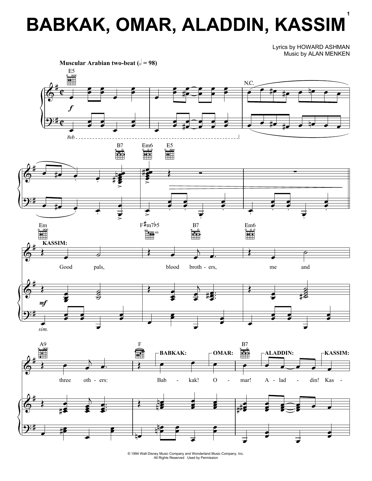 Babkak, Omar, Aladdin, Kassim (from Aladdin: The Broadway Musical) (Piano, Vocal & Guitar Chords (Right-Hand Melody)) von Alan Menken