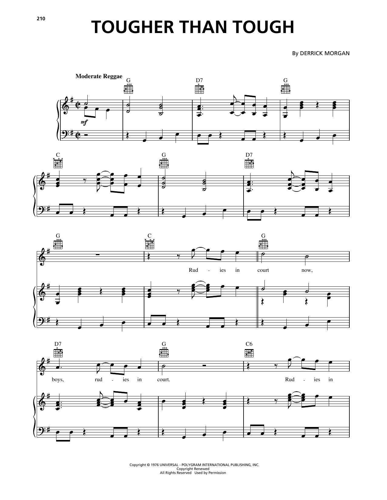 Tougher Than Tough (Piano, Vocal & Guitar Chords (Right-Hand Melody)) von Derrick Morgan