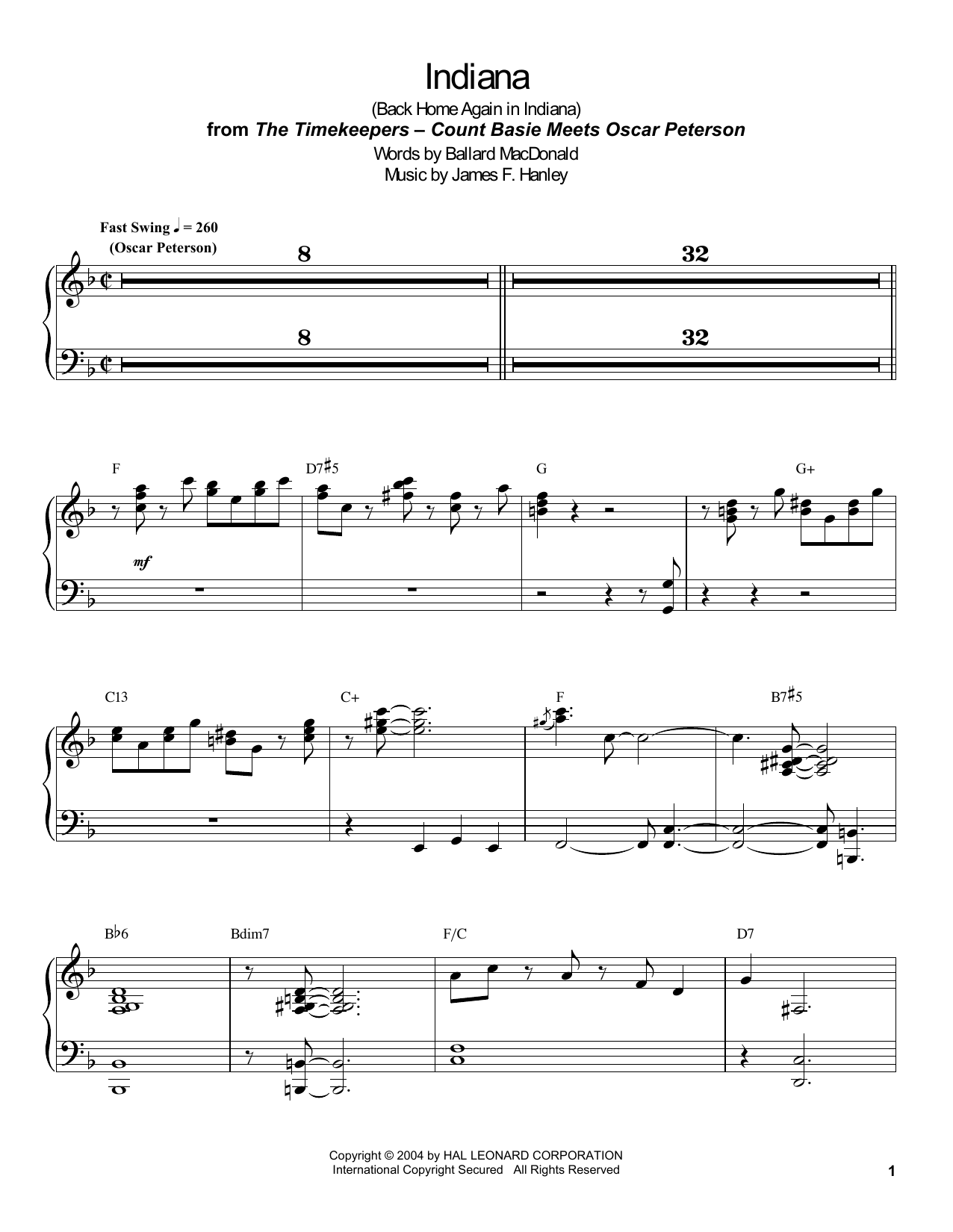 Indiana (Back Home Again In Indiana) (Piano Transcription) von Count Basie