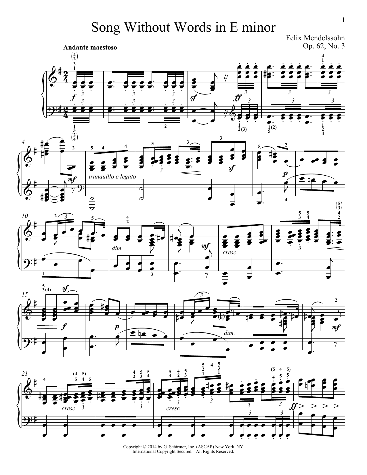 Song Without Words In E Minor, Op. 52, No. 3 (Piano Solo) von Felix Mendelssohn